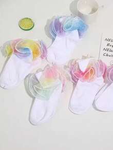 1 Pair Girls' Ruffle Trim Socks, Princess Baby Dance Rainbow Lace Socks - Multicolor - View 4