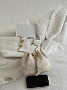 Mini Fashionable Solid Color Hollow Straw Chain Drawstring Bucket Mini Crossbody Bag