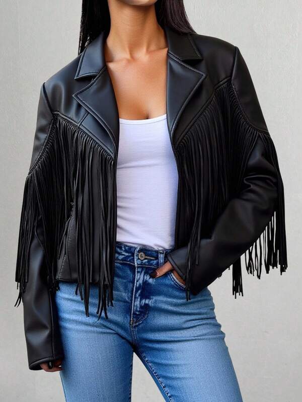 Chaqueta con cuello de solapa y flecos, de hombros caídos,. Chaqueta de mujer de manga regular, de ajuste regular, de color negro liso, para uso casual diario al final del otoño.