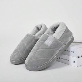 Men's Solid Color Casual Fabric Letter Thermal Lined Slip-On Slippers, Indoor & Outdoor Wear, Winter