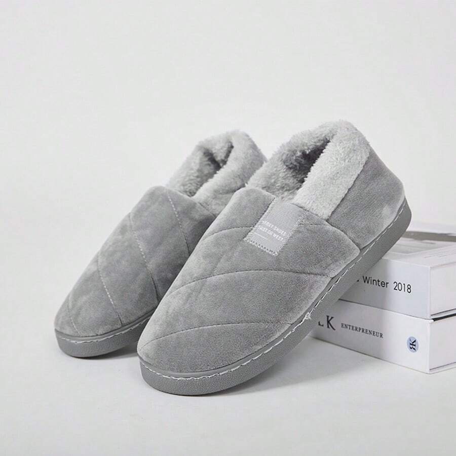 加大码男士纯色休闲布艺字母保暖内衬闭趾拖鞋,室内/室外,冬季(全包覆式拖鞋尺码偏小,建议选购大一码) - 灰色 - 查看 1