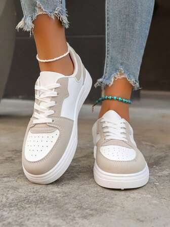 Women's Casual Sports Shoes, Color Block Solid Color Athletic Microfiber Leather Lace-Up Sneakers, Suitable For Home And All Seasons