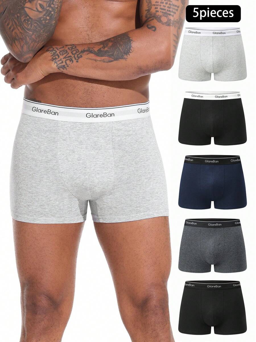 5pcs/Pack Men's Cotton Boxer Briefs, Soft & Comfortable, Suitable For Sports & Casual Wear, High Quality Brand - Black - View 1