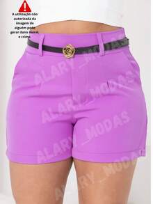 Short Feminino Alfaiataria Cintura Alta com Cinto Flor Dourada e Bolsos Moda Verão do P ao G3 Plus Size - Lilás - Visão 1