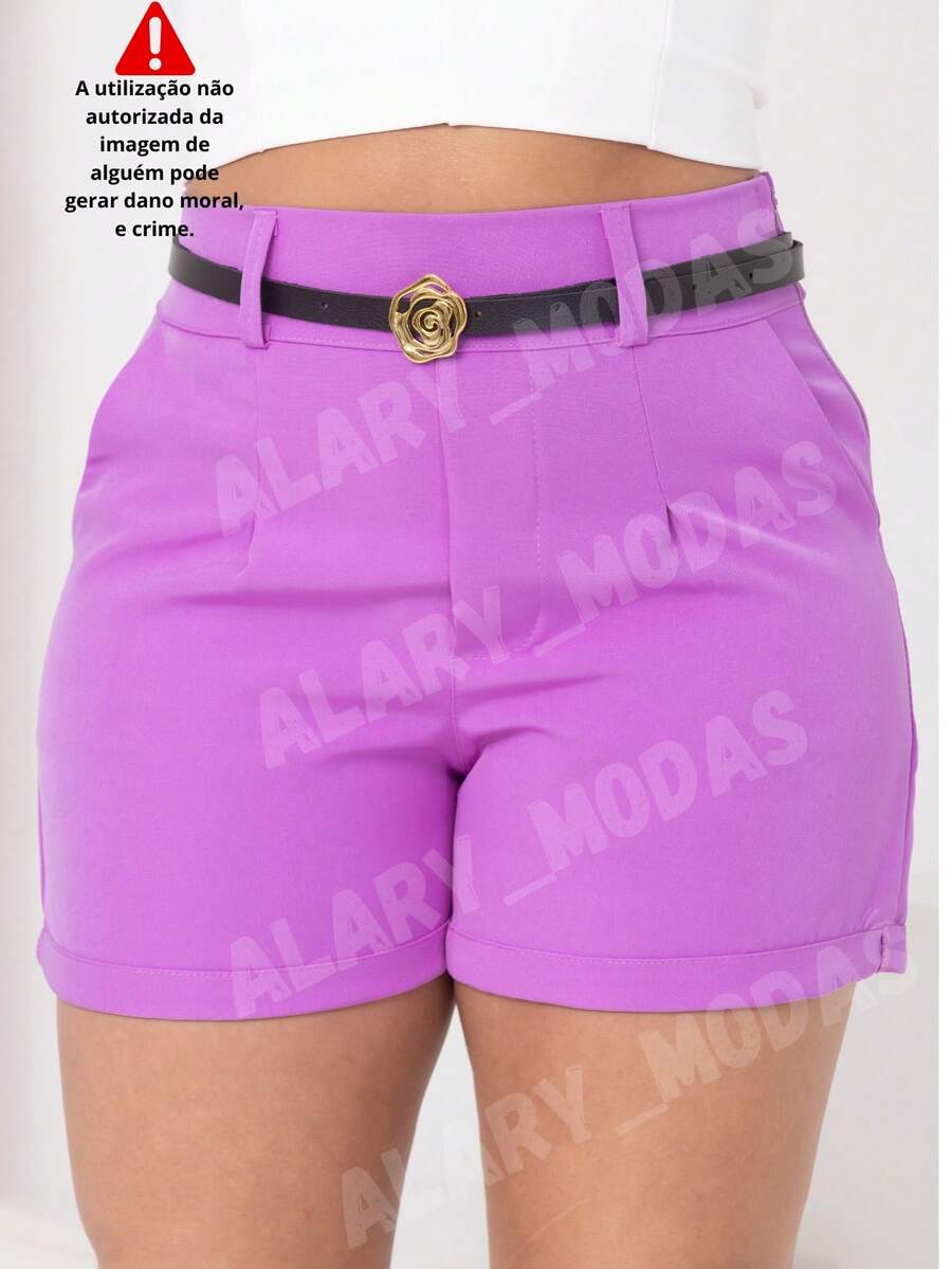 Short Feminino Alfaiataria Cintura Alta com Cinto Flor Dourada e Bolsos Moda Verão do P ao G3 Plus Size - Lilás - Visão 1