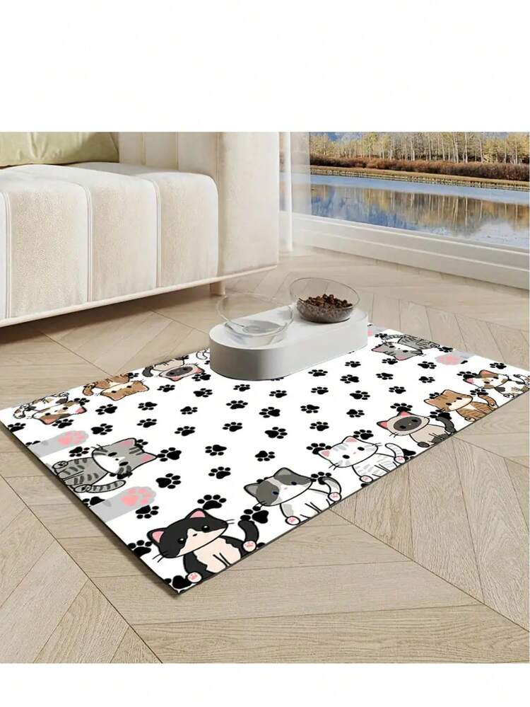 1 Piece, Simple Style Cute Cat Pattern Pet Feeding Mat, Reusable, Easy To Clean, Multifunctional Water Absorbing Quick Drying Dog Food Bowl Mat, Indoor And Outdoor Universal Pet Food Mat, Home Decoration Accessory, Suitable For Independence Day, Christmas, Halloween - Multicolor - View 3