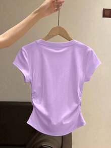 Girls' Bow Embroidery T-Shirt, Pleated Waist Fitted Round Neck Casual Versatile Top, Suitable For Older Tween Girl - Mauve Purple - View 3