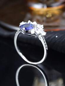 1pc S925 Silver Women's Elegant Ring With Lab-Grown Blue Sapphire Center Decoration, Delicate Floral Design And Sparkling Side Stones, Suitable For Wedding, Anniversary