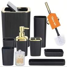 10 piezas Juego de accesorios de baño - Incluye soporte para cepillo de dientes, vaso para enjuague bucal, dispensador de jabón, bandeja, jabonera, dispensador de jabón, papelera de tipo prensa y soporte para cepillo de baño - Material de plástico duradero, perfecto para la decoración del baño moderno, construcción de plástico, juego de baño de hotel, regalo de inauguración de la casa