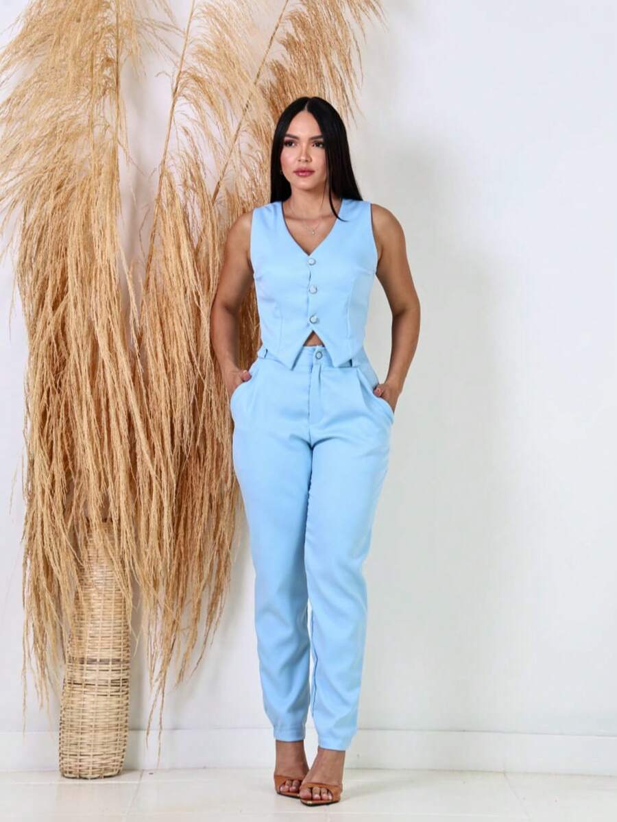 Women's Formal Skinny Pants Tailoring Set - Baby Blue - View 1