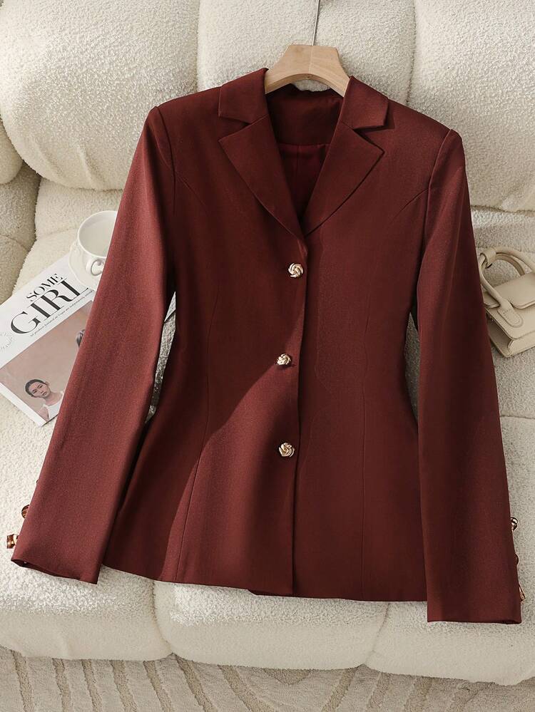 女士纯色纽扣前系带西装外套，办公室穿着，秋冬 - 巧克力棕 - 查看 1