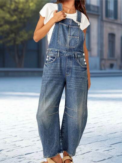 Women's Denim Overalls Jumpsuit With Adjustable Straps And Pockets Barrel Leg Style