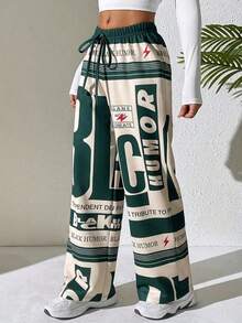 Pantaloni sport casual pentru femei, cu imprimeuri cu litere, dungi colorate, șnur de strângere și design cu picior drept. - Verde - Vizualizare 4