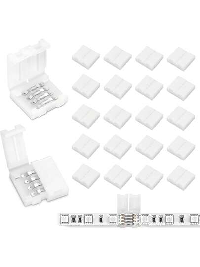 20个4针LED灯条连接器，10mm无缝免焊适配器端子延长线，适用于SMD 5050多色LED灯条，免焊LED灯连接器，易于延长或连接4针10mm多色灯条