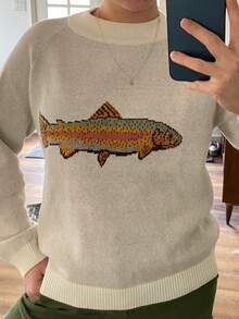 Women Fall Fish Sweater Round Neck Long Sleeve Graphic Print Jumper Casual Solid Color Basic Knit Pullover Tops Loose Knitwear - 米色 - 查看 1