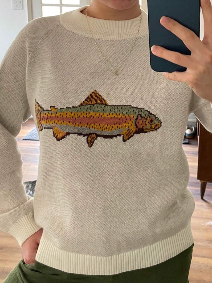 Women Fall Fish Sweater Round Neck Long Sleeve Graphic Print Jumper Casual Solid Color Basic Knit Pullover Tops Loose Knitwear - 米色 - 查看 1
