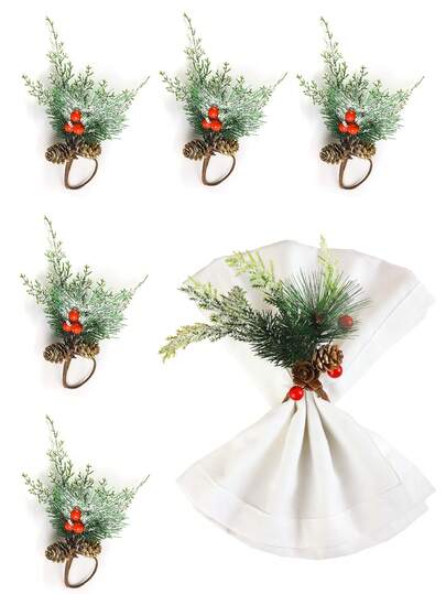 1/2/4 件圣诞松果餐巾环，适用于圣诞节餐桌装饰餐巾环，圣诞松果花环餐巾架，绿色松果红色浆果餐巾环，圣诞派对餐巾环
