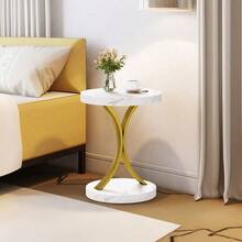 Small Round End Tables Side Table Metal Frame, Faux Marble Top Accent Table Nightstand Modern Style For Living Room Bedroom And Office For Halloween Christmas Decor - trắng - Xem 5