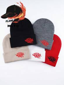 MLFO Syna World 简约刺绣高弹柔软防风保暖时尚针织帽，适合户外骑行、旅行、休闲穿着、男女通用护耳帽，秋冬 - A - 查看 2