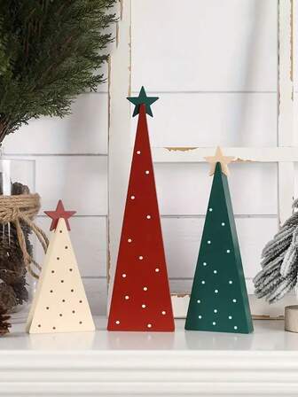3Pcs Christmas Decorative Items, Wooden Christmas Tree Logo With Star Decorations, Suitable For Christmas Decor, Living Room, Bedroom, Fireplace Table, Tabletop Decoration, Home Decoration, Room Decoration, Christmas Gifts, And Gift-Giving Christmas Decorations