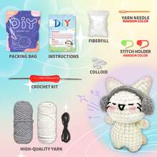 Set de 3 kits de material de ganchillo con diseños de gato y pingüino, kit de animal de peluche tejido a ganchillo lindo, regalo de cumpleaños, kit de animal de ganchillo para principiantes que incluye tutoriales en video, hilo, marcadores de costuras e instrucciones (accesorios en color aleatorio)