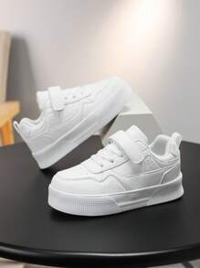 Kids White Thick Sole Sneakers, Hook And Loop Design Easy On/Off Casual Trainers, Suitable For Daily Wear & Outdoor Sports, Boys & Girls