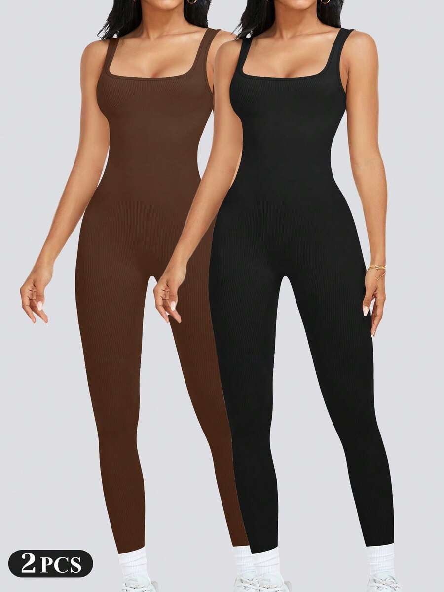 Women's Ribbed Jumpsuit Full Body Shapewear Sleeveless Jumpsuit Summer Solid Color Skinny Jumpsuit - 黑色/棕色 - 查看 1