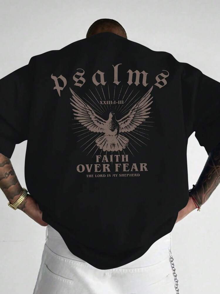 Men's Red -Like Glossy T-Shirt - Faith Over Fear Verse (Psalm 93:4) & Psalms 23:1 Print, Faith Apparel, Loose Fit Short Sleeve Casual Wear, Sports Fan Gift, Breathable Summer Shirt With Back Scripture Design - 黑色 - 查看 2