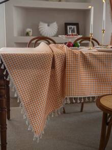 MeijiaMo 1pc Orange & White Plaid Printed Rectangular Tablecloth, Rustic & Fresh Farmhouse Style For Dining Table, Kitchen, Hotel, Bedroom, Living Room, Party & Holiday Decor, Handmade Tassel Trim - Orange - View 10