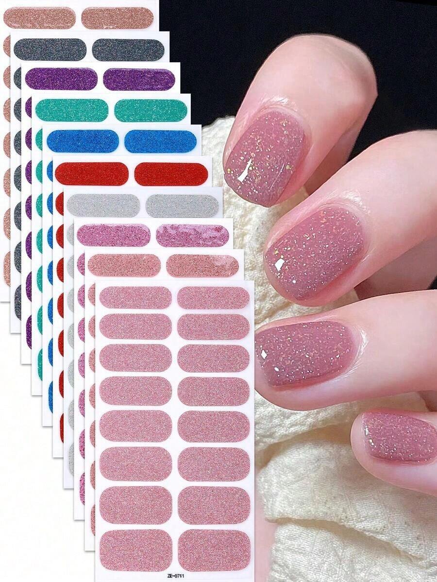 4-Pack Random Color Nail Polish Strips, Pink Nail Glitter Self-Adhesive Gel Nail Stickers, Suitable For Women's Home DIY Self-Use Nail Art Supplies Nail Stickers - 彩色 - 查看 1