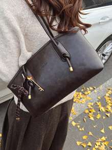 女士优雅纯色手提包，时尚大容量休闲单肩包，适合日常使用，多功能高品质通勤包 - 咖啡棕 - 查看 2