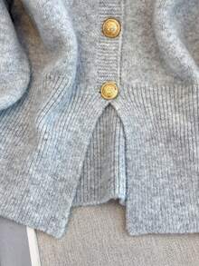 1 Áo len cardigan màu xám đơn hàng thu/đông thiết kế tối giản, tay dài, xẻ tà phía trước, cài nút kim loại độc đáo, áo len cardigan dệt kim tay dài cho nữ - Màu Xám nhạt - Xem 6