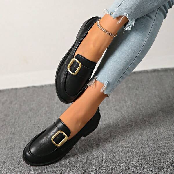 2025 Autumn/Winter Plus Size Mary Jane Loafers For Women, With Metal Buckle Student Shoes, Lightweight & Comfortable, Versatile Student Loafers