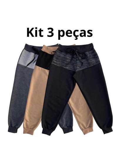 Kit 3 Calças Moletom Bicolor Moletinho Infantil Menina Menino Inverno