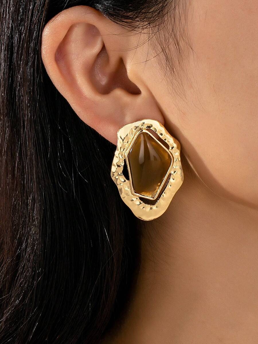 1 Pair Oversized Asymmetrical Geometric Shape Classic Textured Stud Earrings, Versatile For Daily Wear - Coffee - View 1