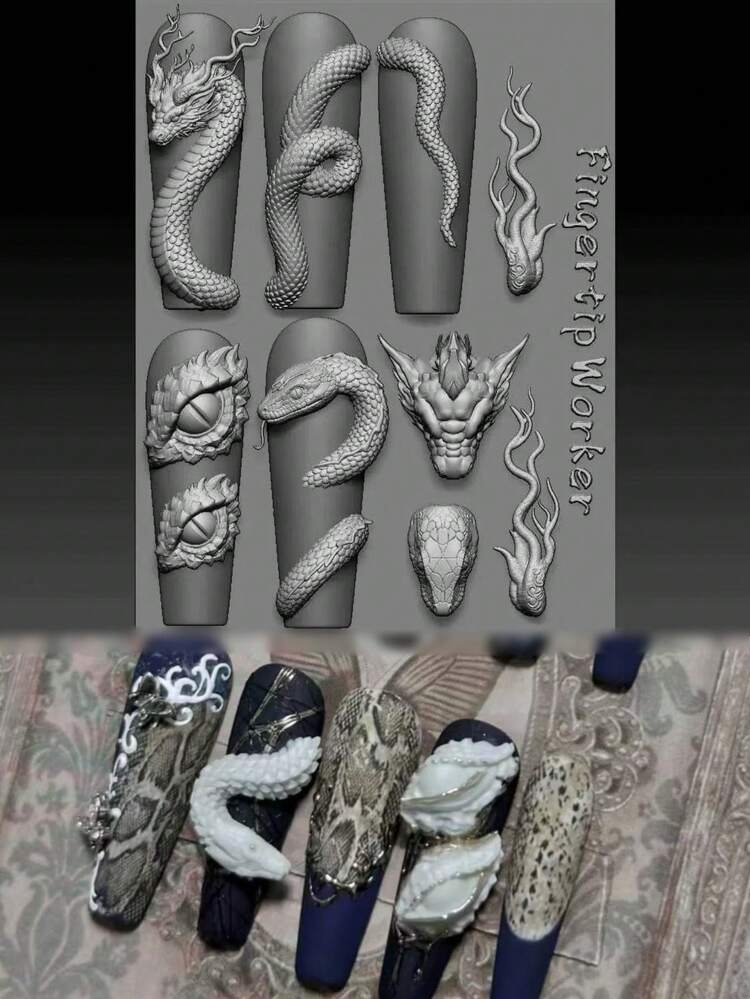 1个硅胶龙形3D美甲模具，精美装饰美甲DIY模板，美甲用品，美甲工具，美甲艺术工具，返校季，美甲，美甲工具（适用于按压式美甲片） - 無色 - 查看 9