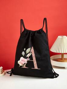 Drawstring Backpack Sports Backpack Women Drawstring Shoe Bags For Travel Storage Bags Rose Gold Initials Name Letter Pattern Gym Bags Lightweight Drawstring Bag Travel Bags Cloth Bags Dust Storage Pouch For Outdoor Duffle Sports Bag Schoolbag Bundle Tote Bag For Student Sports Back Pack Latter Print - Black - View 4