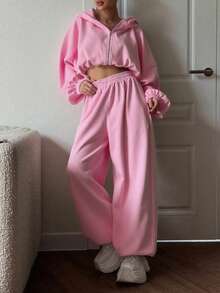 2 pezzi Set sportivo da donna, composto da top con cappuccio con zip e maniche lunghe in colore unito e pantaloni con elastico in vita e tasche, adatto per l'autunno/inverno - Rosa - Visualizzare 4