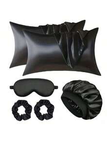 Set de 6 fundas de almohada de satén para mujeres, incluye gorro de dormir de satén, antifaz para dormir y scrunchies para el cabello, artículos esenciales cómodos para el hogar, excelentes para cocinar y dormir - Multicolor - Ver 1