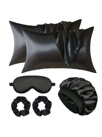 6pcs Women Satin Pillow Case Set, Includes Satin Sleeping Cap, Sleep Mask, And Hair Scrunchies, Comfortable Home Essentials, Great For Cooking And Sleeping Sleep Bonnet