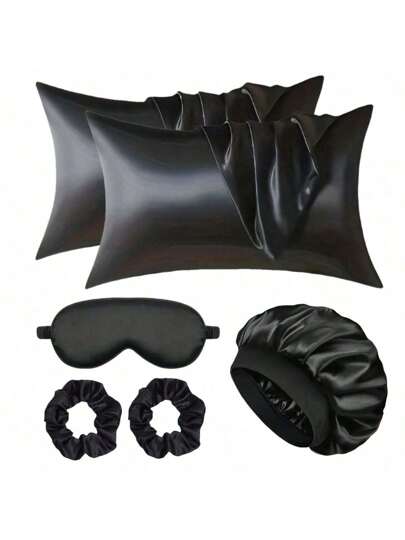 Set de 6 fundas de almohada de satén para mujeres, incluye gorro de dormir de satén, antifaz para dormir y scrunchies para el cabello, artículos esenciales cómodos para el hogar, excelentes para cocinar y dormir