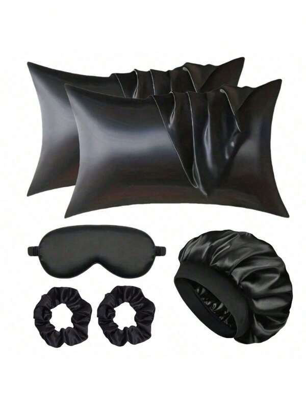 6 件套女士缎面枕套套装，包含缎面睡帽、睡眠眼罩和发圈，舒适的家居必需品，非常适合烹饪和睡觉