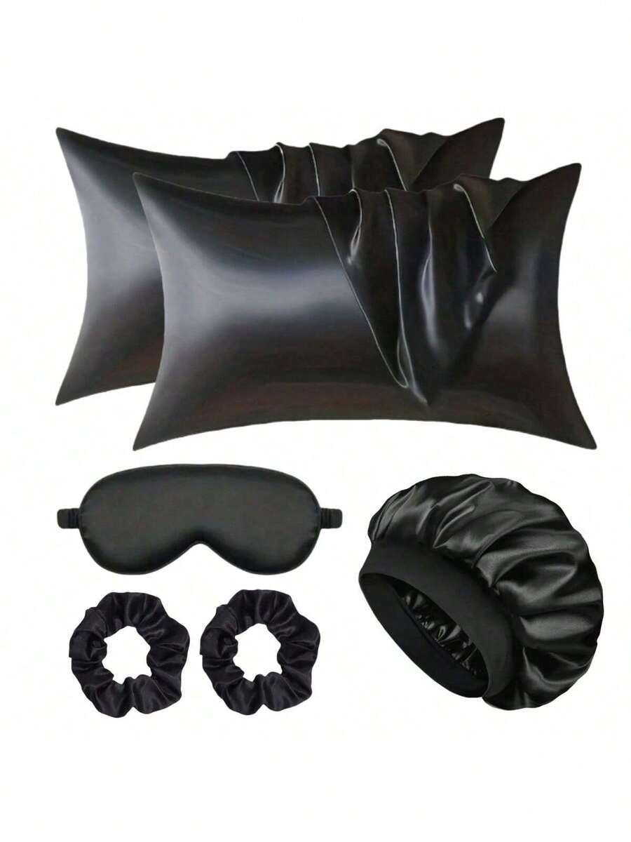Set de 6 fundas de almohada de satén para mujeres, incluye gorro de dormir de satén, antifaz para dormir y scrunchies para el cabello, artículos esenciales cómodos para el hogar, excelentes para cocinar y dormir - Multicolor - Ver 1