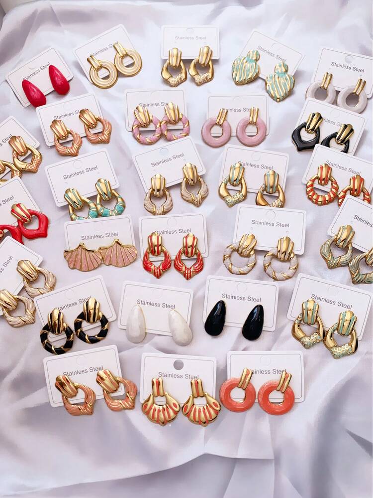 18件套不锈钢耳环，不对称多元素耳环，不褪色，适合女性日常佩戴和送礼（随机发货） - 彩色 - 查看 5
