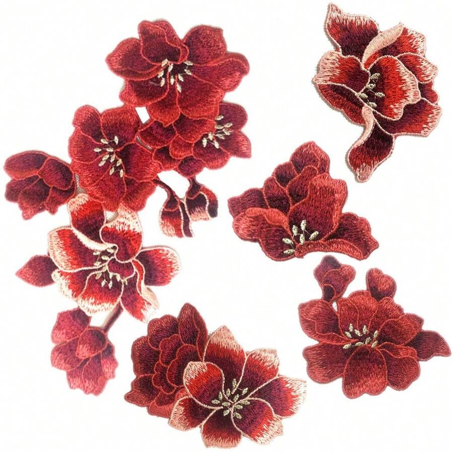 5pcs/Set Red Magnolia Flower Water-Soluble Embroidered Cloth Patch, Dress/Cheongsam Decorative Accessory, DIY - Red - View 1