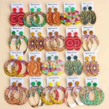 12 对/包时尚优雅的波西米亚风格彩色几何木质耳钉，男女皆宜，随机设计，适合日常佩戴、派对、珠宝礼物 - 12對彩色木頭耳鉤混 - 查看 21