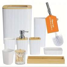 10 piezas Juego de accesorios de baño - Incluye soporte para cepillo de dientes, vaso para enjuague bucal, dispensador de jabón, bandeja, jabonera, dispensador de jabón, papelera de tipo prensa y soporte para cepillo de baño - Material de plástico duradero, perfecto para la decoración del baño moderno, construcción de plástico, juego de baño de hotel, regalo de inauguración de la casa