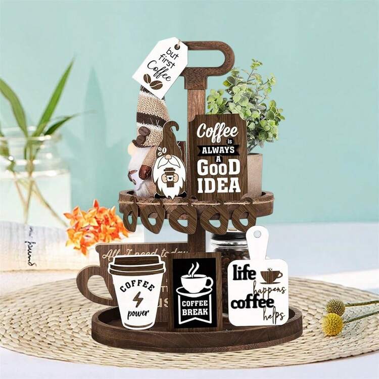Rustic Home Tiered Tray Decorations Set Coffee Time Wood Signs For Bar Farmhouse Kitchen Table Shelf - 棕色 - 查看 4