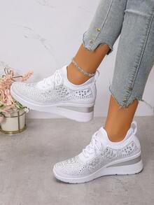 秋冬女款新款运动风系带水钻户外坡跟厚底休闲运动鞋透气舒适跑步鞋户外旅行鞋适合所有季节 - 白色 - 查看 5