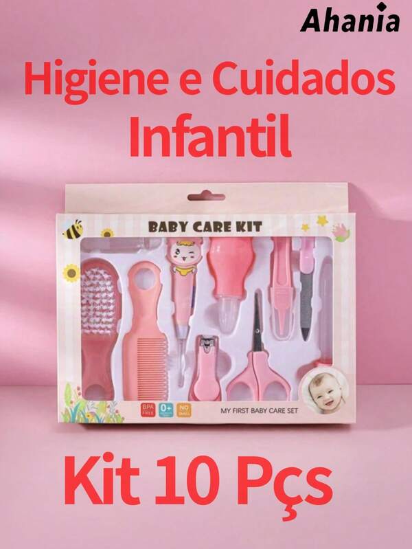 Ahania Kit com 10 Peças de Manicure para Bebê, Escova de Massagem para o Couro Cabeludo, Escova de Cabelo para Bebê, Cortador de Unhas, Colher de Ouvido com LED, Tesoura Infantil, Aspirador Nasal Infantil, Conta-Gotas, Escova de Dente (de Silicone), Pinça Nasal, Lixa de Unha